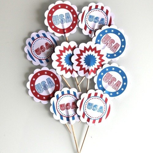 10 décorations pour petits gateaux (cupcakes toppers ) thème usa bleu et rouge 
