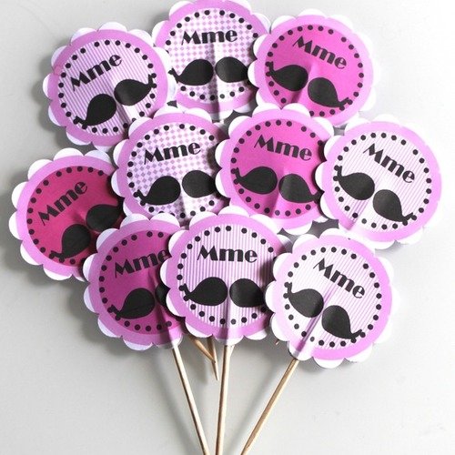 10 décorations pour petits gateaux (cupcakes toppers ) thème madame moustache rose 