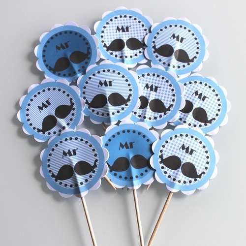 10 décorations pour petits gateaux (cupcakes toppers ) thème monsieur moustache bleu 