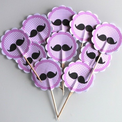 10 décorations pour petits gateaux (cupcakes toppers ) thème moustache rose 