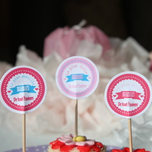 10 toppers fête des mères vintage "pour la plus jolie maman" pour décorer vos gâteaux 