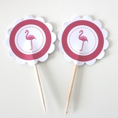 10 décorations pour petits gateaux (cupcakes toppers ) thème "flamant rose" 