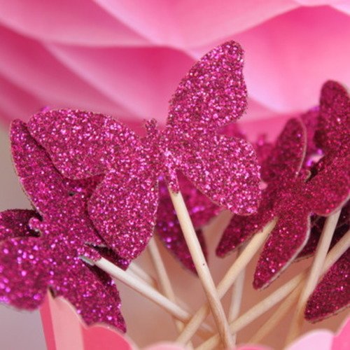 10 décorations pour petits gâteaux (cupcakes toppers )- papillons pailletés roses 
