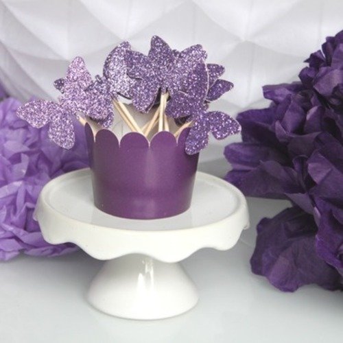 10 décorations pour petits gâteaux (cupcakes toppers )- papillons paillettes de couleur parme 