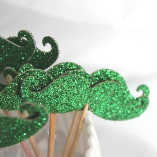 10 décorations pour petits gâteaux (cupcakes toppers ) - moustaches vertes à paillettes 