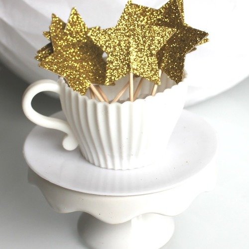 10 décorations pour petits gâteaux (cupcakes toppers ) étoiles or à paillettes 
