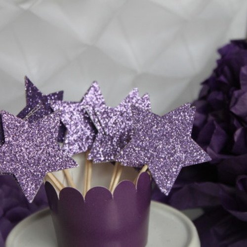 10 décorations pour petits gâteaux (cupcakes toppers ) - étoiles mauves paillettes 