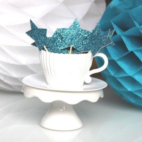 10 décorations pour petits gâteaux (cupcakes toppers )- étoiles bleues à paillettes 