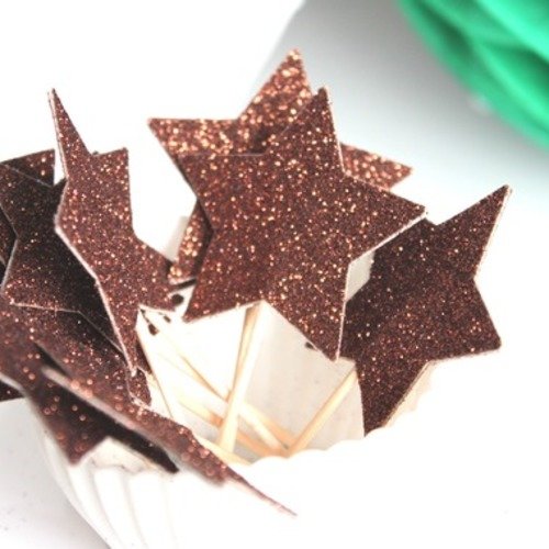 10 décorations pour petits gâteaux (cupcakes toppers ) étoiles marron à paillettes 
