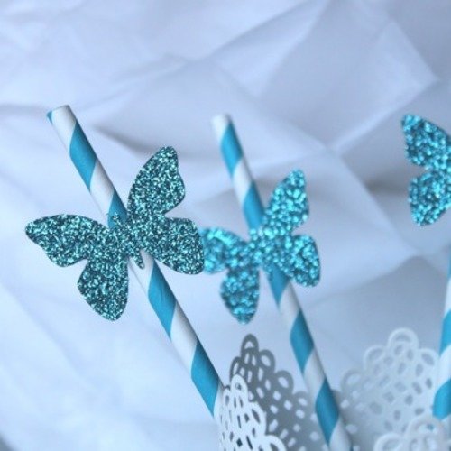 Lot de 6 pailles vintage bleue papillons bleus à paillettes pour anniversaire enfant ou baptême 