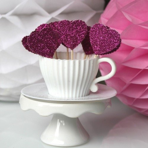 10 décorations pour petits gâteaux (cupcakes toppers )- cœurs roses à paillettes 
