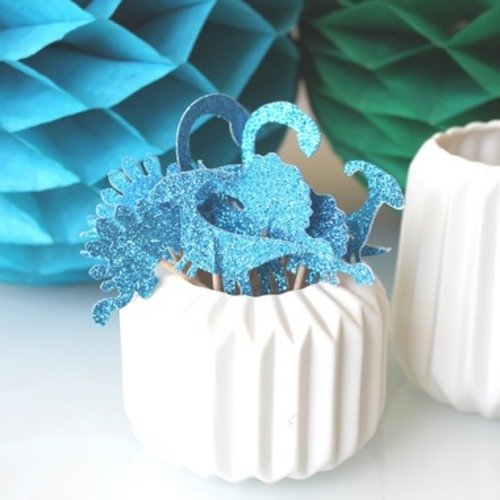 10 décorations pour petits gâteaux (cupcakes toppers )- dinosaures bleus à paillettes 