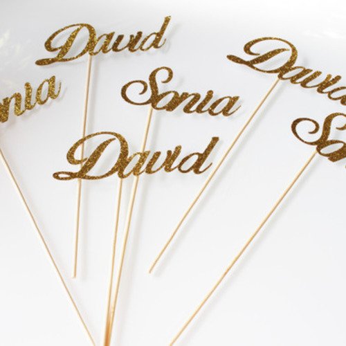 6 mini brochettes "prénom" en papier pailleté doré pour mariage 