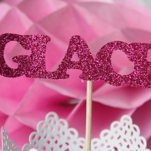 6 mini brochettes message "glace" couleur fuchsia et rose pâle- paillettes pour anniversaire 