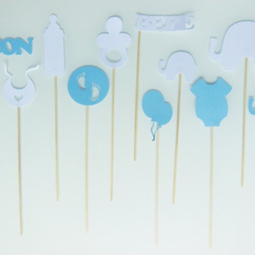 12 éléments photobooth pour baby shower - garçon - bleu ciel et blanc-thème éléphant 