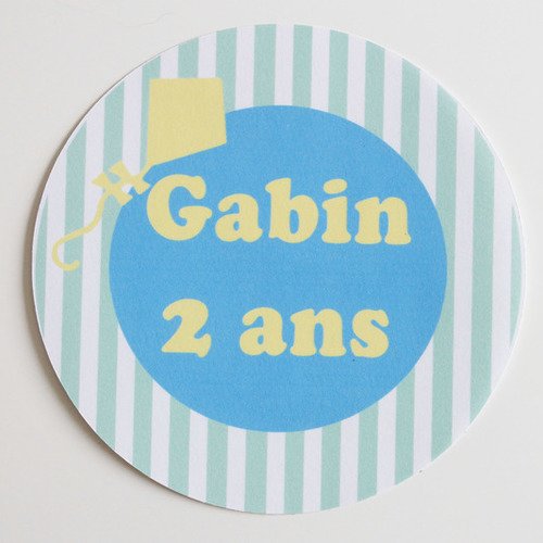 6 stickers pour bonbonnière ou sachet de bonbons - 6.5 cm de diamètre-turquoise et jaune-thème cerf-volant-anniversaire 