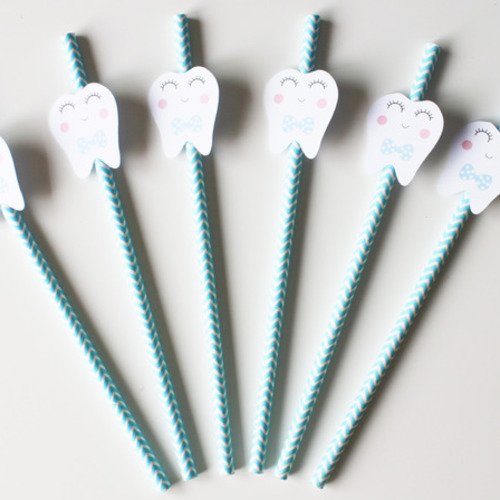 Lot de 6 pailles petites dents pour enfant -agra hagid -bleues chevrons 