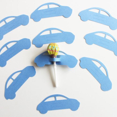 10 voitures bleues en papier cartonné pour sucettes - décoration de table de fête 