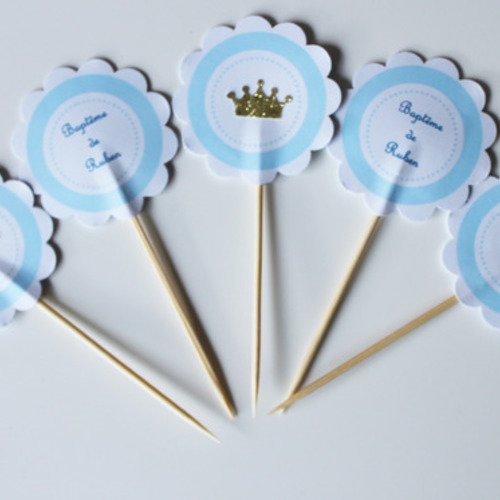 10 décorations pour petits gateaux (cupcakes toppers ) - thème prince-couronne dorée -personnalisé- baptême-anniversaire 
