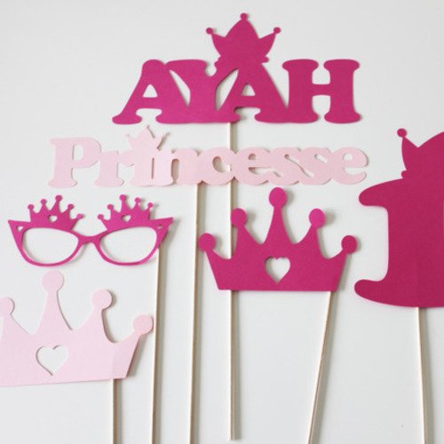 Lot de 6 accessoires photobooth anniversaire princesse - fuchsia et rose - personnalisé 