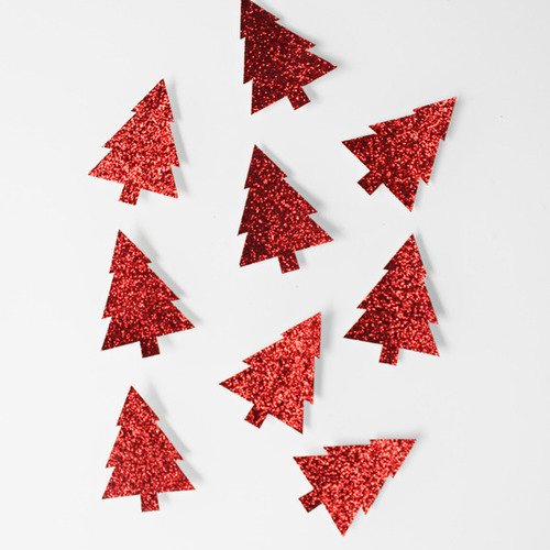10 petits sapins en papier pailleté rouge 
