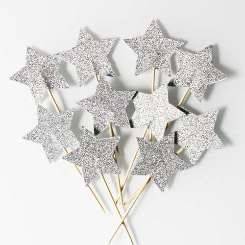 10 décorations pour petits gâteaux (cupcakes toppers ) étoiles argent à paillettes -déco de noel 