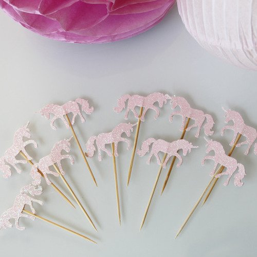 10 décorations pour petits gâteaux-  toppers licornes roses à paillettes 