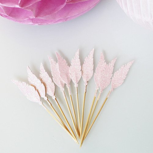 10 décorations pour petits gâteaux-  toppers plumes roses à paillettes 