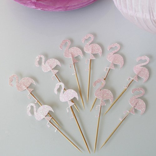 10 décorations pour petits gâteaux-  toppers flamants roses à paillettes 