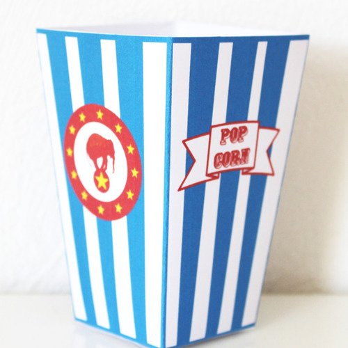 Boite à pop corn ou bonbons pour table de fête en papier-thème cirque- personnalisée prénom de l'enfant ou pop corn 