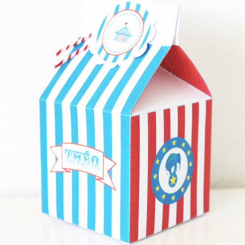 Boite à bonbons pour table de fête en papier-thème cirque- personnalisée prénom de l'enfant ou pop corn 