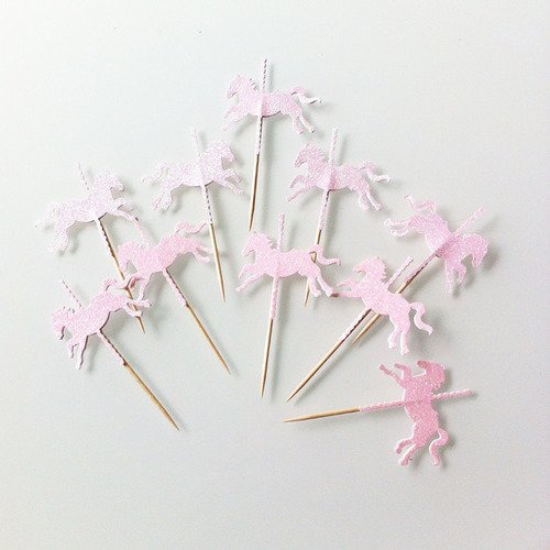 10 décorations pour petits gâteaux-  toppers cheval carrousel roses à paillettes 