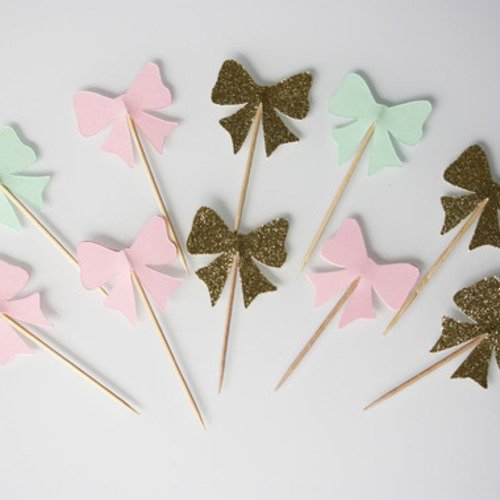 10 décorations pour petits gâteaux-  toppers noeuds roses verts et doré à paillettes 