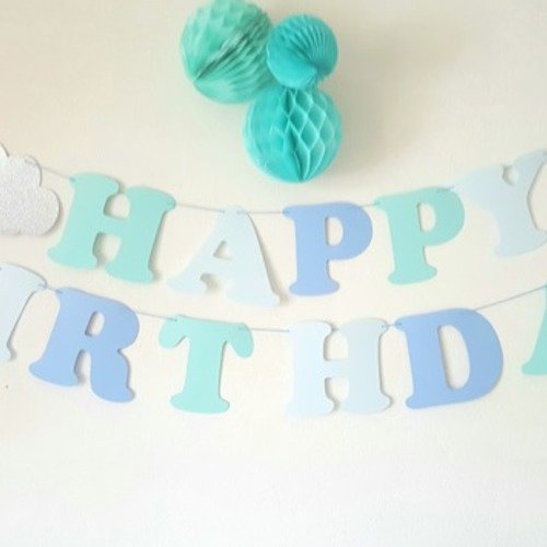 Guirlande "happy birthday" + 2 nuages papier pailleté argenté- sur cordon bleu - pour anniversaire 