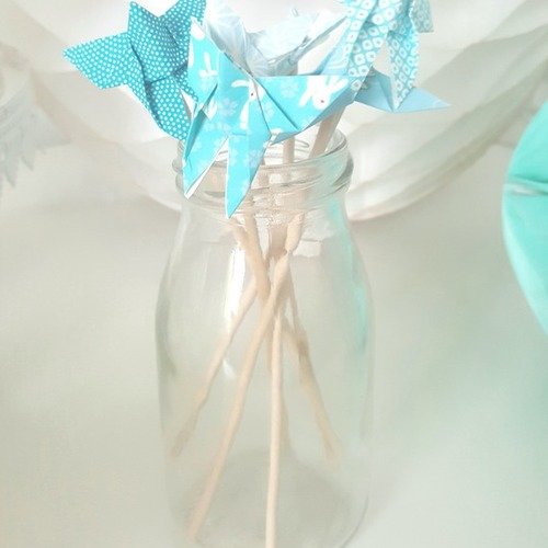 6 mini brochettes en bois origami papillons bleus 