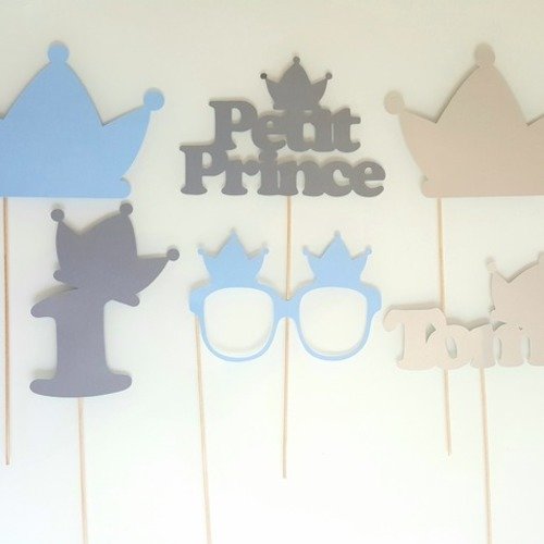 Lot de 6 accessoires photobooth anniversaire prince- couronne - gris bleu argent - personnalisé 