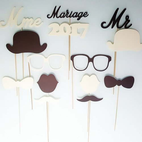 Lot de 14 accessoires photobooth mariage-monsieur-madame- ivoire et chocolat 