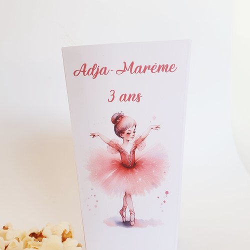 6 petites boites à pop corn- thème danseuse-tutu rose, personnalisée, fete anniversaire  fille