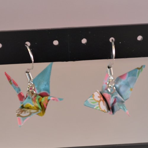Boucle d'oreille argent 925 origami papier washi japonais japon grue mignon fleurs