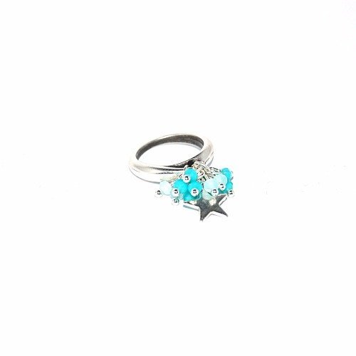 Kit "diy" bague anneau argenté et perles à facette bleu, turquoise - breloque étoile 