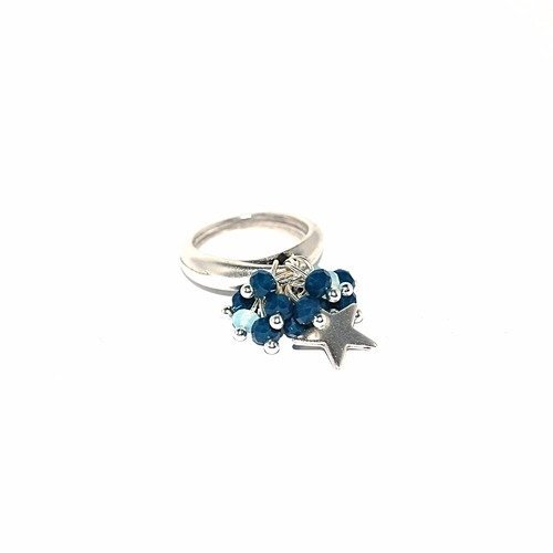 Kit "diy" bague anneau argenté et perles à facette bleu clair et foncé - breloque étoile 