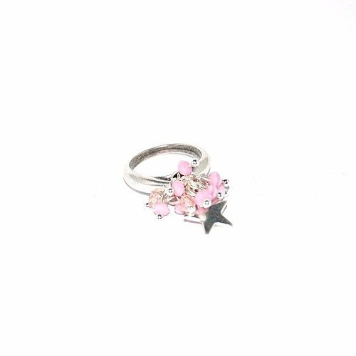 Kit "diy" bague anneau argenté et perles à facette rose clair et transparent - breloque étoile 