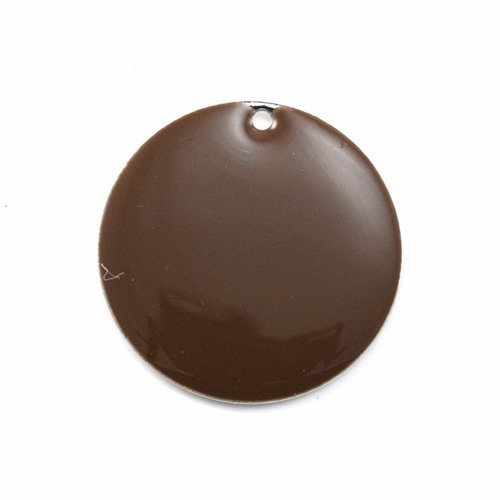 Breloque ronde métal émaillé 12 mm marron