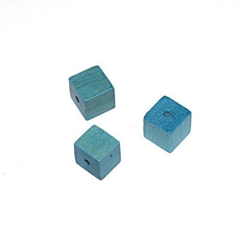 Perle en bois cube brut 10 mm traité turquoise x10