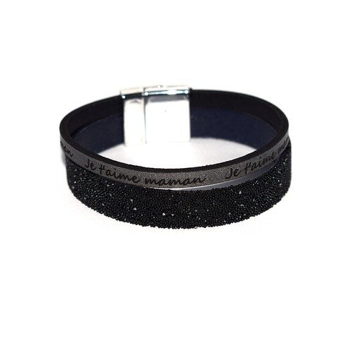 Kit "diy" bracelet "je t'aime maman" noir cuir et swarovski (cristal fabric) 