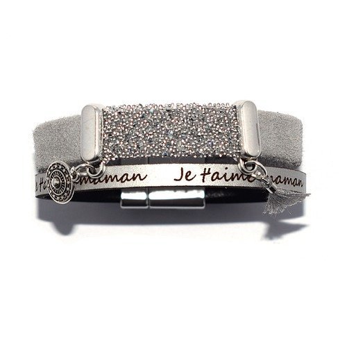 Kit "diy" bracelet "je t'aime maman" argenté cuir daim gris clair t swarovski (cristal fabric) + breloques et pompon