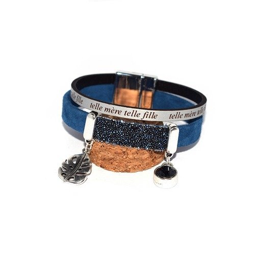 Kit "diy" bracelet "telle mère telle fille" argenté cuir daim bleu foncé swarovski (cristal fabric et ss39) + breloques et pompon