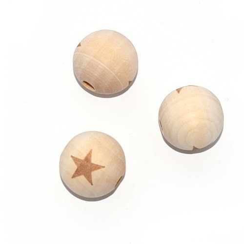 Perle en bois ronde 20 mm imprimé étoile naturel