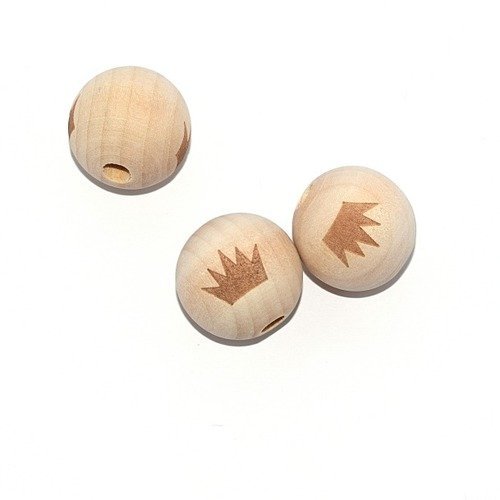 Perle en bois ronde 20 mm imprimé couronne naturel