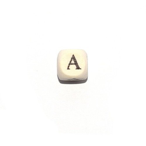 Perle lettre alphabet a cube 10mm  en bois imprimé noir
